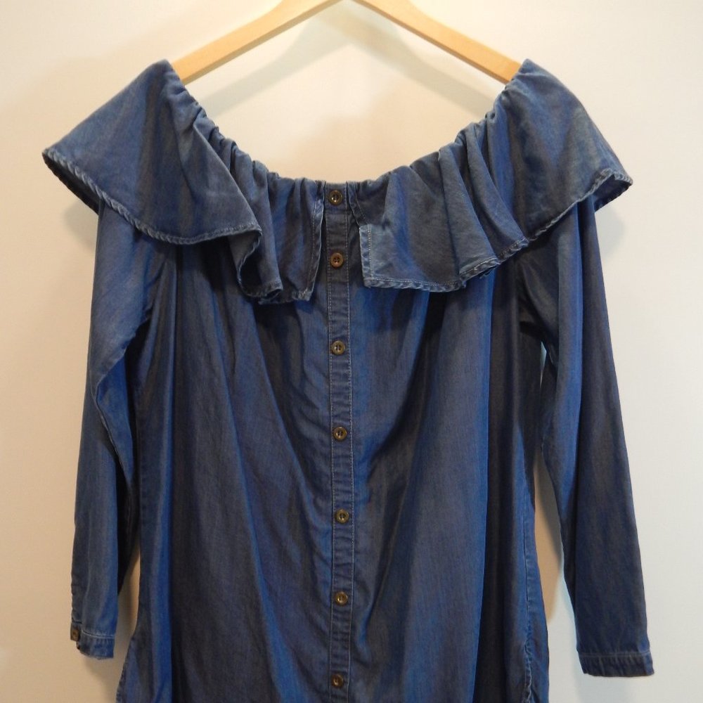 Simply Be Denim Blue Chambray Ruffle Off Shoulder Top